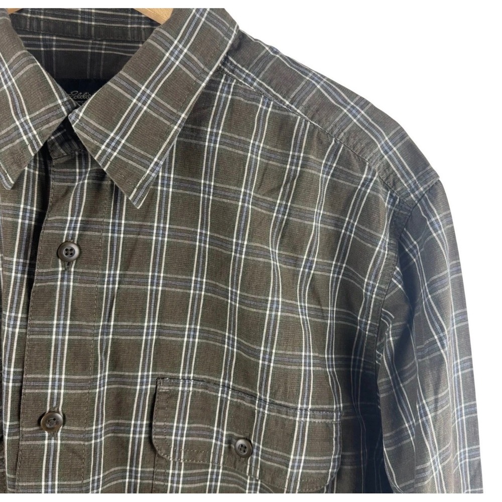 Eddie Bauer Button Shirt Mens L Olive Green Plaid Long Sleeve Cotton Pockets